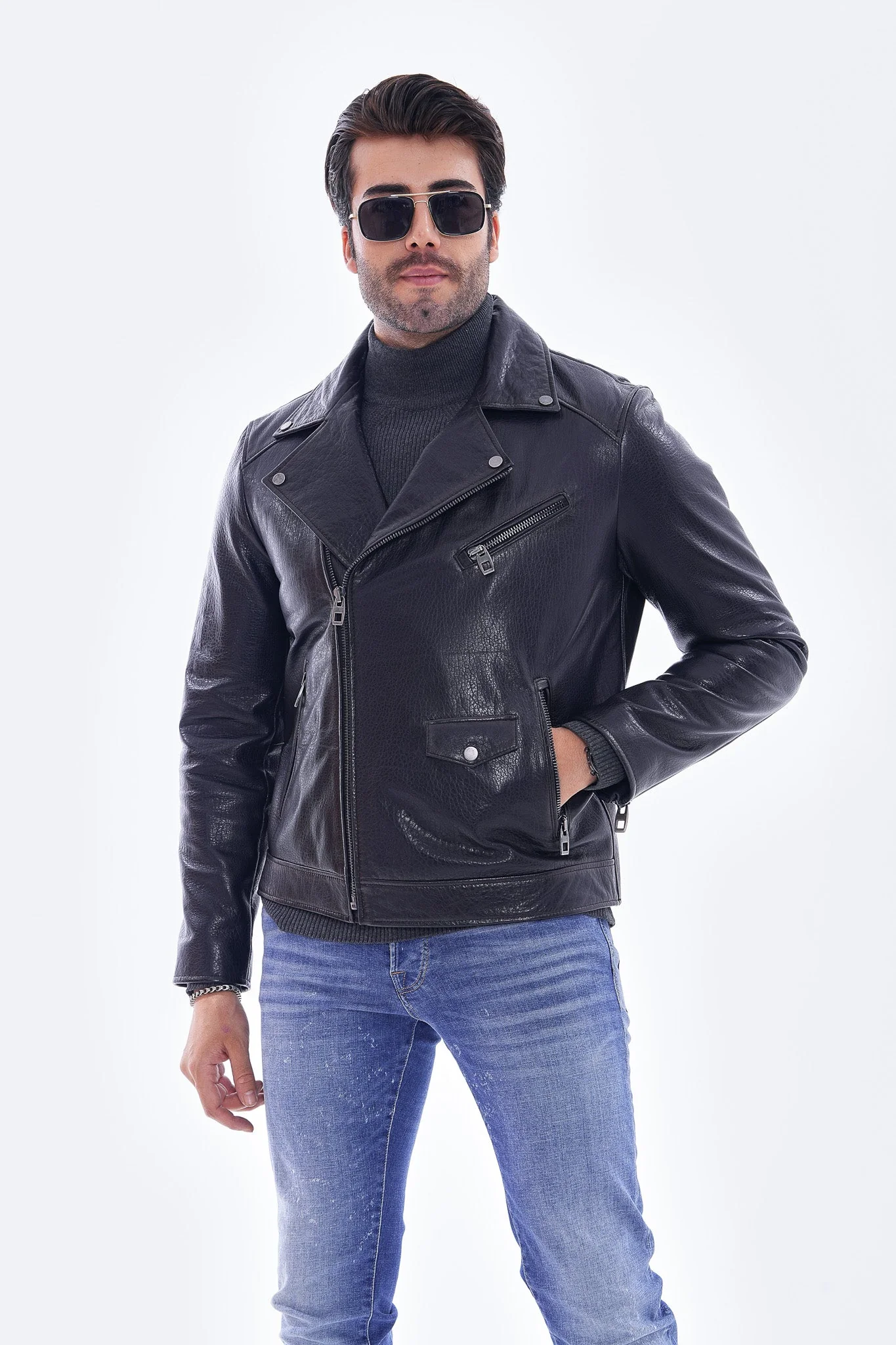 The Volt Textured Navy Blue Leather Men Jacket - Image 3
