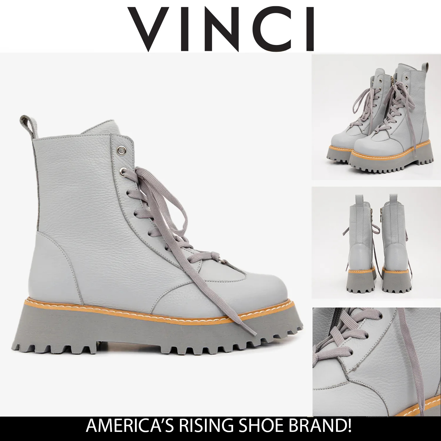The Yildiz Grey Leather Lace-Up Ankle Women Boot With a Side Zipper - Image 6