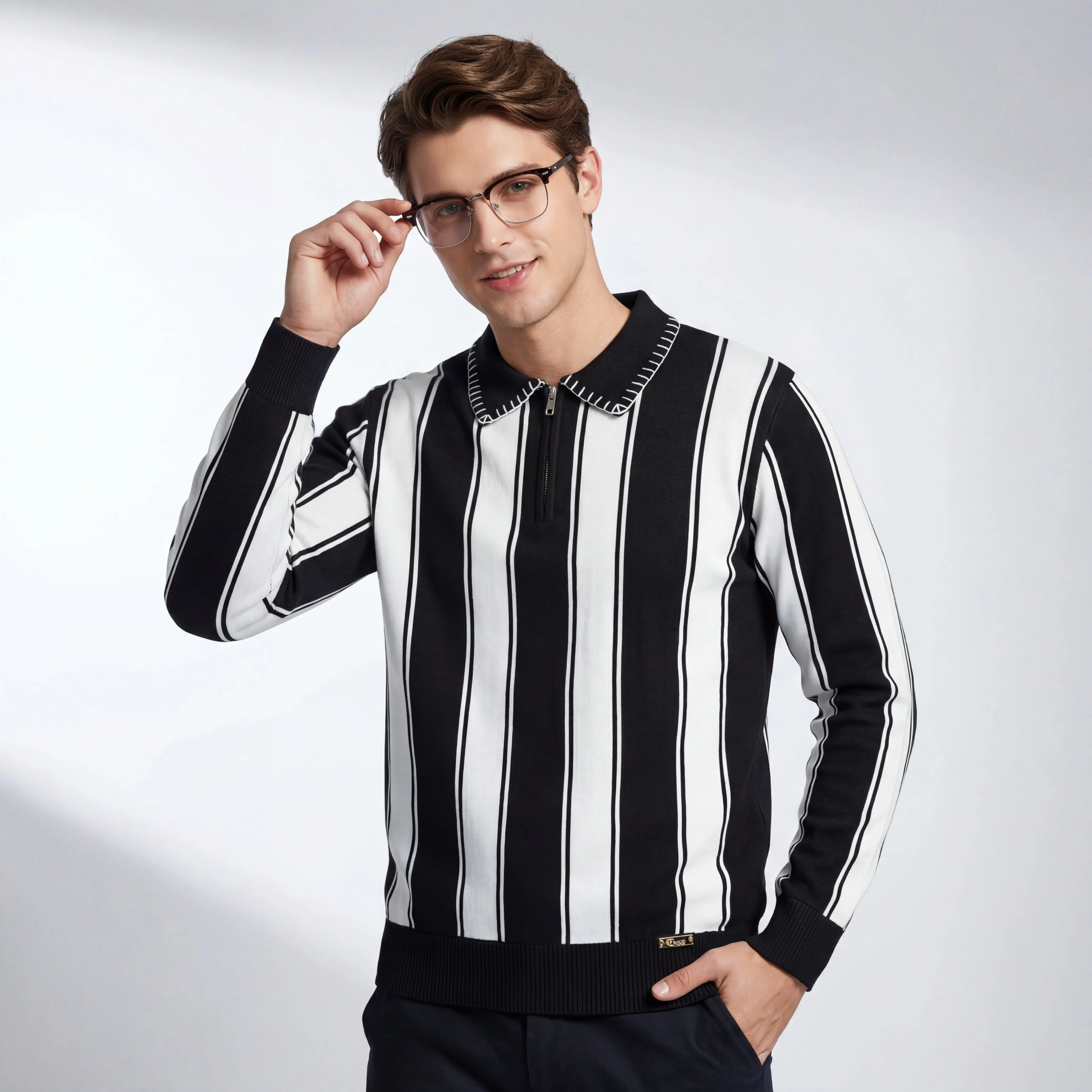 Vanguard Stripe Knit Polo LS BLACK - Image 2