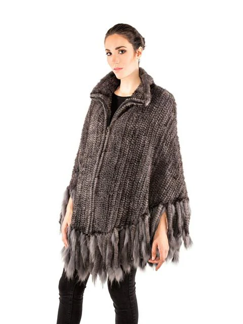 Volare Knitted Mink Poncho with Zipper & Fringes - Image 2
